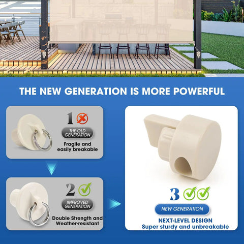 Comparison of old and new generation unbreakable end caps for universal fit shade replacement parts with Coolaroo tie down kit.