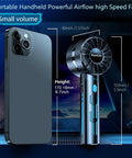 2 Pack Portable Handheld Turbo Fan With 7000rpm High Speed Motor USB next to a smartphone, dimensions labeled