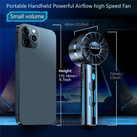 2 Pack Portable Handheld Turbo Fan With 7000rpm High Speed Motor USB next to a smartphone, dimensions labeled