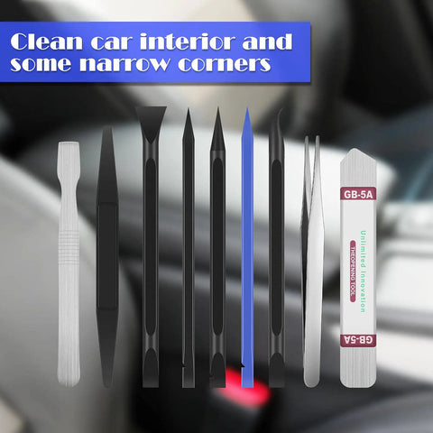 Must Have 9 Piece Scraper Set With Carbon Fiber Plastic And Alloy Steel Tools for car interior cleaning displayed