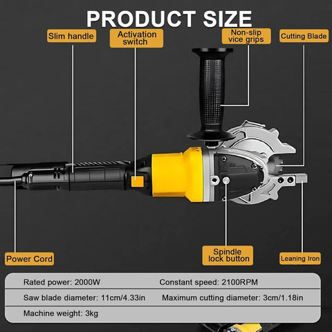 Product features of Vdniduir Handheld Steel Bar Cutter Rebar Cold Cutting Saw Portable 2000W, including the power cord and cutting blade details.