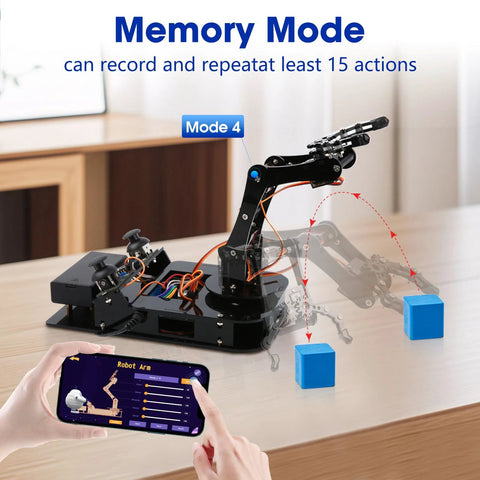 Toy 4DOF robotic arm kit on black base with joystick, orange wires, and smartphone app control.