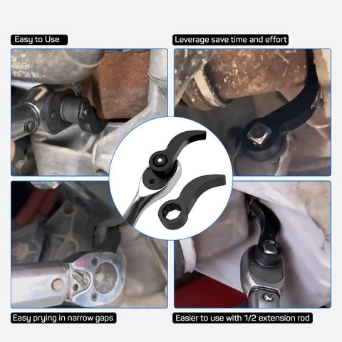 Image showing 2 Pack Pry Bar Wrench Adapter Head For Half Inch Drive Ratchets in use, detailing easy use in tight spaces with 1/2" extension.