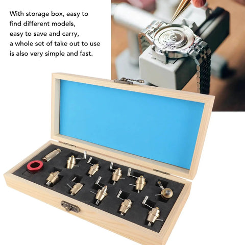 Mainspring Winder Set For Watch Repair Brass Tool Kit With Storage Box, showing organized brass tools in wooden case