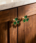 Gold Clover Drawer Knobs 4 Pack For Wardrobe Cabinets Dresser Cupboard Modern Minimalist Pulls Zinc Alloy With Crystal Center Green Enamel Accents Easy Replacement Handles