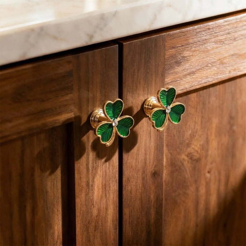 Gold Clover Drawer Knobs 4 Pack For Wardrobe Cabinets Dresser Cupboard Modern Minimalist Pulls Zinc Alloy With Crystal Center Green Enamel Accents Easy Replacement Handles