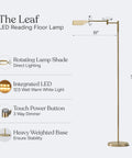 Diagram of Leaf Pharmacy LED Reading Lamp With Dimmable Floor Lamp Design, showing dimensions and features.