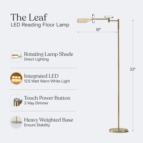 Diagram of Leaf Pharmacy LED Reading Lamp With Dimmable Floor Lamp Design, showing dimensions and features.