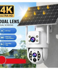 For Real 4K Dual Lens Outdoor Security Camera With Hassle Free Solar Charging And Clean 360 Pan Tilt Zoom Wifi Wireless Surveillance System For Yard Watch featuring solar panel and dual lenses.