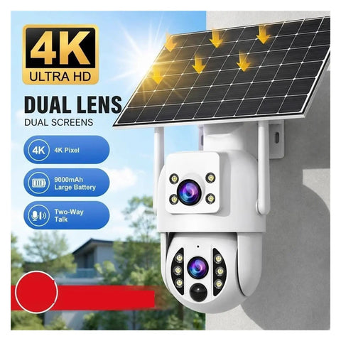 For Real 4K Dual Lens Outdoor Security Camera With Hassle Free Solar Charging And Clean 360 Pan Tilt Zoom Wifi Wireless Surveillance System For Yard Watch featuring solar panel and dual lenses.