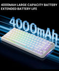 Heavy Hitter 75 Percent Wireless Mechanical Keyboard With A Dope Gasket Mount And Sleek Pure White Shell displaying 4000mAh battery.