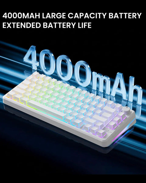 Heavy Hitter 75 Percent Wireless Mechanical Keyboard With A Dope Gasket Mount And Sleek Pure White Shell displaying 4000mAh battery.