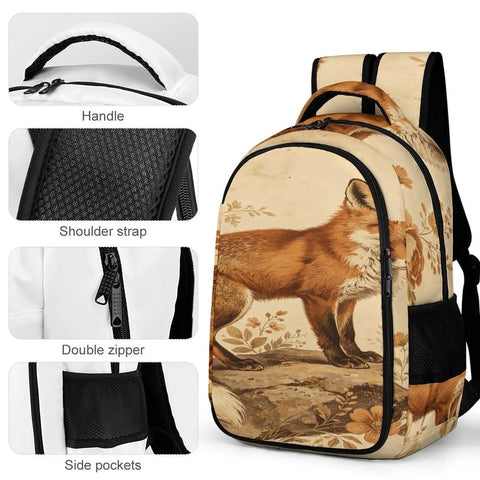 Vintage Floral Red Fox Printed Unisex Backpack With Large Capacity Durable Polyester Build showing handle, straps, zipper and pocket