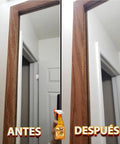 Before and after of wooden mirror frame restored with real orange oil polish, highlighting smooth shine and protection.