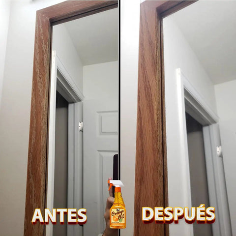 Before and after of wooden mirror frame restored with real orange oil polish, highlighting smooth shine and protection.