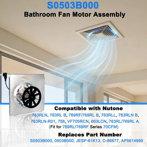 Upgrade Bath Fan Motor Assembly For 763RL B Series Replacement with air flow effect and mounting details