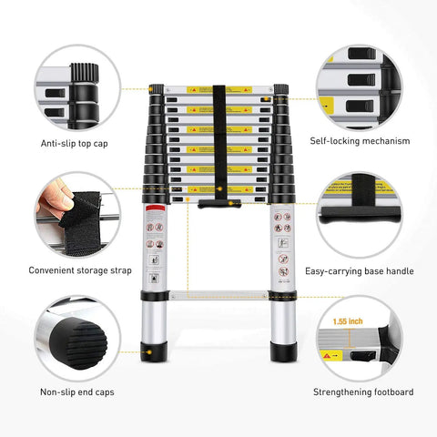 12.5-Foot Telescoping Aluminum Ladder, A Real Workhorse For Home Or Pro Jobs, features like anti-slip caps and self-locking