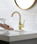 Sleek Gold Brushed Bathroom Sink Faucet With 360 Degree Swivel Spout Single Handle Deck Plate 4 Inch Centerset Vanity Faucet for home