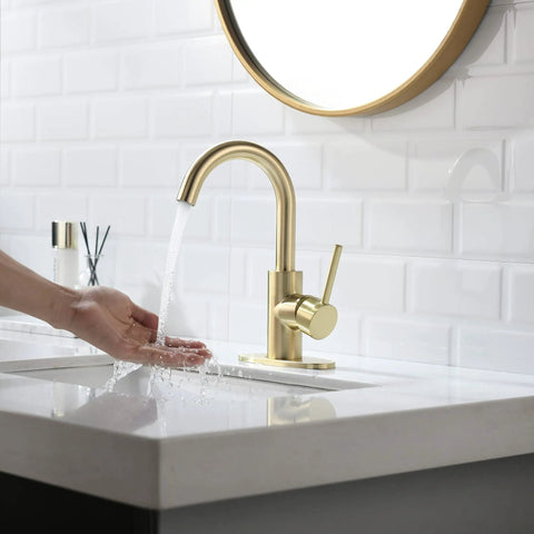 Sleek Gold Brushed Bathroom Sink Faucet With 360 Degree Swivel Spout Single Handle Deck Plate 4 Inch Centerset Vanity Faucet for home