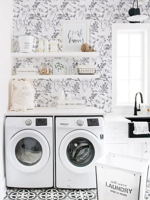 Laundry room with gray floral peel and stick wallpaper, 17.7 x 118.1 inch, self adhesive, removable, waterproof wall covering.