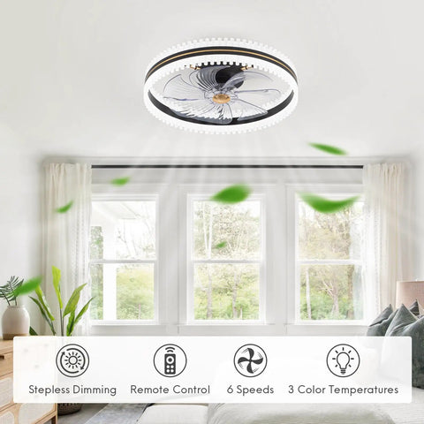 Dope Bladeless 20 Inch Indoor Flush Mount Ceiling Fan With Lights And Remote App Control in a bright bedroom