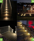 Collage of outdoor areas illuminated by Solar Step Lights For Decks Pathways Stairs And Yard Fences LED Outdoor Waterproof Warm White Glow No Fuss Install Low Profile Ambient Lighting All Weather 12 Pack