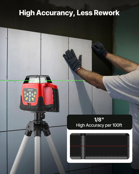 Heavy Duty 360 Degree Rotary Laser Level Kit With 2000 Ft Green Beam Self Leveling Transmitter Digital Receiver in use on wall.