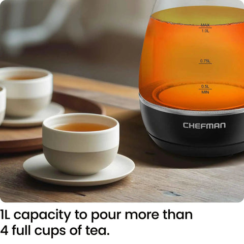 Electric Kettle With Tea Infuser 1L Compact 1500W Fast Boil Auto Shut Off No Fuss Boil Dry Protection Removable Lid Easy Clean Stainless Steel Filter BPA Free Small Kitchen Tool brewing tea next to cups
