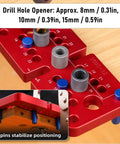 Straight Shooting Wood Dowel Drilling Guide 3 In 1 Jig Kit With 8mm 10mm 15mm Drill Bits showing adjustable aluminum positioner with drill hole openers.