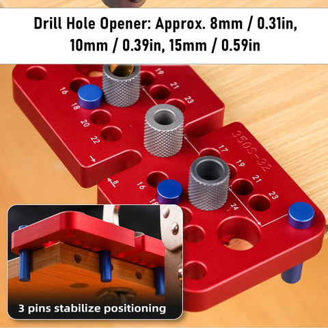 Straight Shooting Wood Dowel Drilling Guide 3 In 1 Jig Kit With 8mm 10mm 15mm Drill Bits showing adjustable aluminum positioner with drill hole openers.