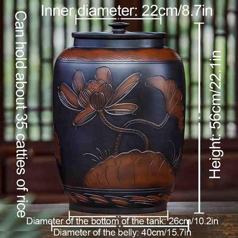 Ceramic Rice Dispenser With Heavy Duty Snap Lid Airtight Bulk Food Storage Container showcasing floral design, 56cm tall, 22cm wide.