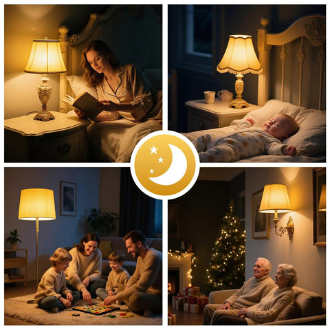 Ambient room scenes using Amber Sleep Light Bulbs 3W Warm 1800K No Blue Light Ideal For Baby Nursery And Sleep, cozy and calm atmosphere.