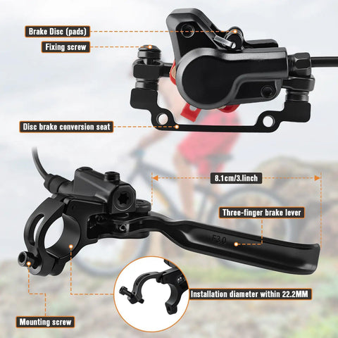 4 Piston Hydraulic Disc Brakes Set for Mountain Bike and E Bike With Front Left Hose 80cm, showing levers and mounting hardware