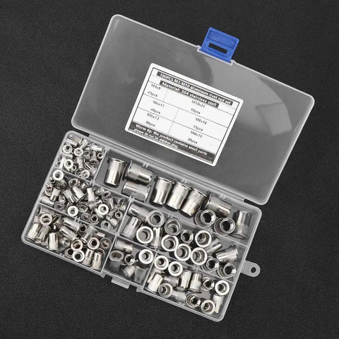 Pro Grade Rivet Nut Kit For Sheet Metal Repair M3 To M10 Stainless Steel Threaded Inserts in organized storage box