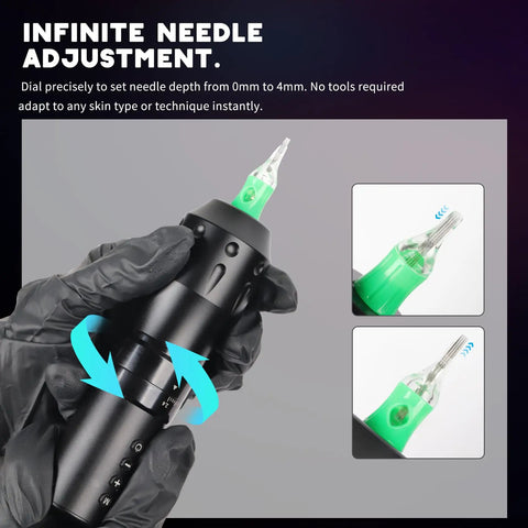Wireless Tattoo Pen Kit With 2000mAh Cordless Battery Pro Style Practice Set showing needle depth adjustment