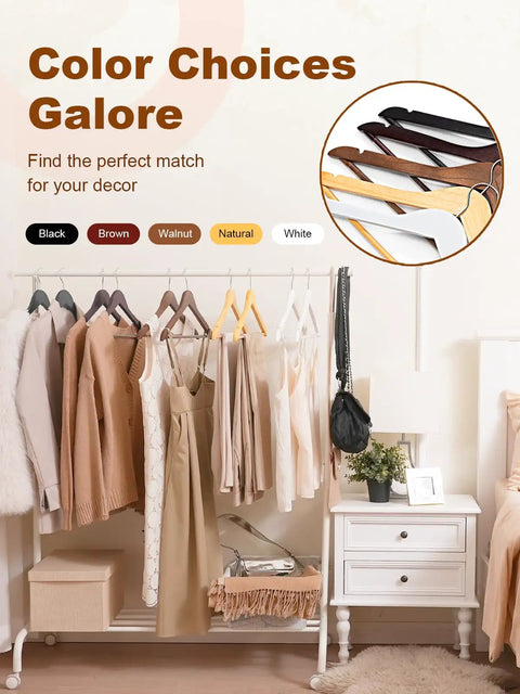 Heavy Duty Wooden Hangers 20 Pack With Non Slip Pant Bar For Closets in multiple color options, displayed in organized closet