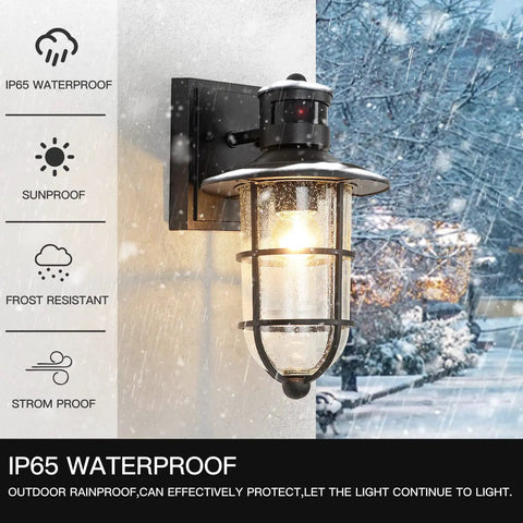 Two Pack Smart Motion Sensor Outdoor Wall Lanterns With Seeded Glass Dusk To Dawn Exterior Porch Lights in winter snow