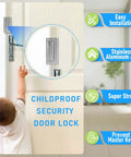 Three Pack Heavy Duty Door Reinforcement Lock For Inward Swinging Doors Up To 800 Lbs Childproof Top Lock demonstrated by toddler