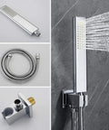 Ceiling Mount Rain Shower System With 10 Inch Square Rain Head And Brass Handheld Shower Brass Mixer Valve And Trim Kit for Modern Bathrooms - Brass handheld shower spraying water, 59 inch hose, and mixer valve details.