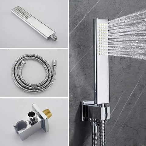 Ceiling Mount Rain Shower System With 10 Inch Square Rain Head And Brass Handheld Shower Brass Mixer Valve And Trim Kit for Modern Bathrooms - Brass handheld shower spraying water, 59 inch hose, and mixer valve details.