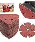 Grab These 60pcs Premium 90mm Triangular Sanding Discs With Durable Hook And Loop Backing Perfect For Detail Work Across 40 To 400 Grit Ranges For Smoother Wood And Auto Finishes That You Truly Need - stack of sanding discs with holes and a sander