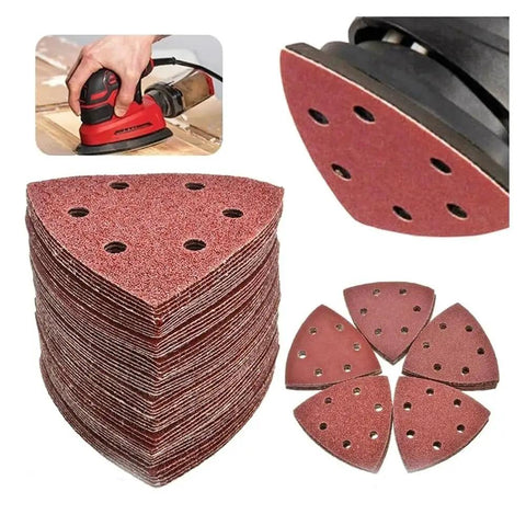 Grab These 60pcs Premium 90mm Triangular Sanding Discs With Durable Hook And Loop Backing Perfect For Detail Work Across 40 To 400 Grit Ranges For Smoother Wood And Auto Finishes That You Truly Need - stack of sanding discs with holes and a sander