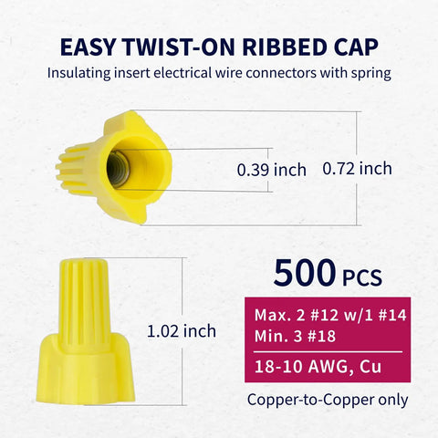 Yellow Winged Wire Connectors 500 Piece Set For AWG 18 To 10 Twist On Wire Nuts dimensions and copper compatibility details.