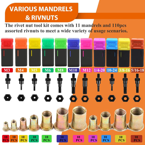 Top Notch 16 Inch Rivet Nut Tool Kit With 1310pcs Assorted Nutserts And 11 Mandrels In M And SAE Sizes Including Carrying Case For Heavy Duty Auto Repair And DIY Projects, mandrels and rivnuts set