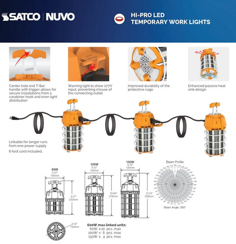 Hi Pro High Lumen LED Temporary Work Light 5000K 150W Built To Last Portable White features and specifications diagram