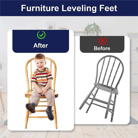 Comparison of a stable wooden chair with a child after using Adjustable Leveling Feet Set For Furniture 48 Or 72 Pieces Threaded Levelers.