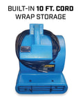 Compact Mini Air Mover Carpet Dryer With 380 CFM High Velocity Airflow And Only 0.75 Amp Draw front view with 10 ft cord wrap