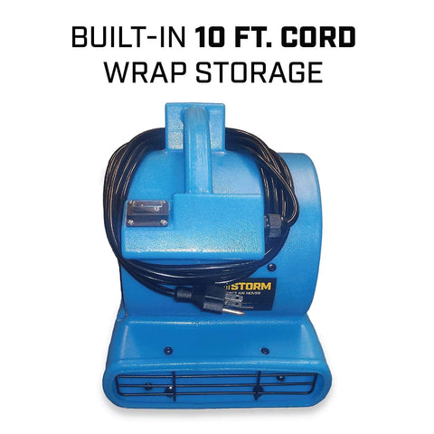 Compact Mini Air Mover Carpet Dryer With 380 CFM High Velocity Airflow And Only 0.75 Amp Draw front view with 10 ft cord wrap