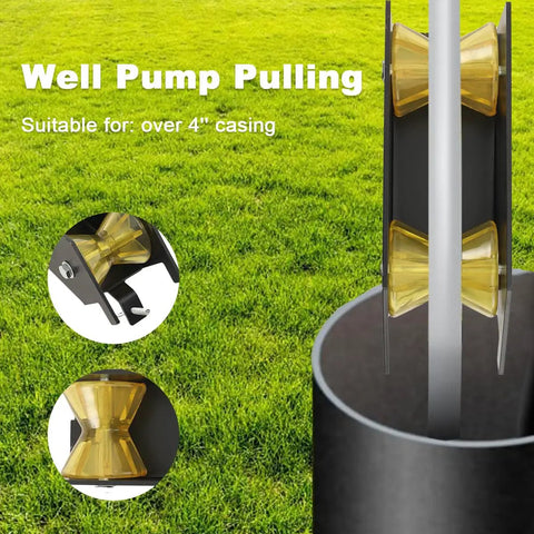 Slick Hand Crank Water Well Pump Puller And Cable Rollers For Hassle Free Deep Well Swap No Sweat Installation Works Perfectly With 4 Inch Plus Casing, showing yellow guide rollers in well casing.
