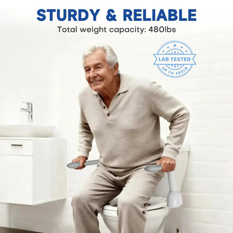 Rock Solid Bathroom Safety Grab Bar With Heavy Duty Foldable Toilet Assist Rail That Handles 480 Pounds For Seniors Pregnancy And Post Surgery Recovery With Zero Wobble And Big Sturdy Feel, shown with a senior man using it.